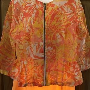 💚3/$25 Ruby Rd. Favorites 10 sheer orange yellow white flowered zippered jacket